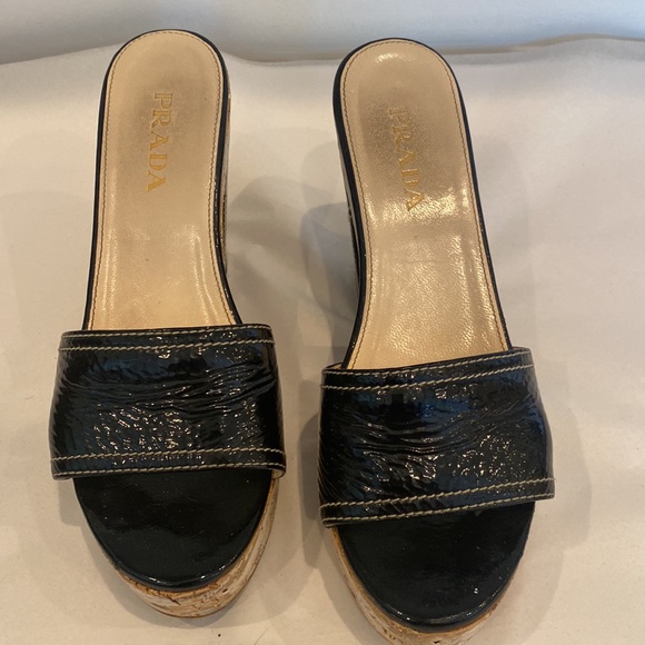 Prada Black Patent Platform Cork Heels Shoes Size 36 - Picture 2 of 10